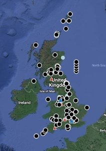 Map of the UK with GIS icons showing the location and type of different energy demonstrators.  Clicking on this map will take you to the full version.